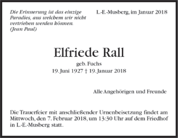 Todesanzeige von Elfriede Rall von Trauer.de