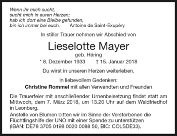 Todesanzeige von Lieselotte Mayer von Trauer.de