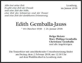 Todesanzeige von Edith Gemballa-Jauss von Trauer.de