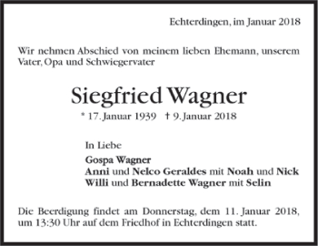 Todesanzeige von Siegfried Wagner von Trauer.de