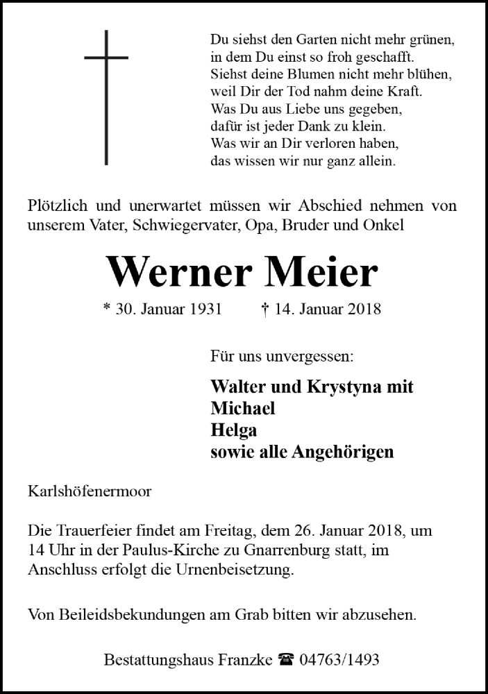  Traueranzeige für Werner Meier vom 19.01.2018 aus Trauer.de