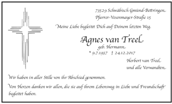 Todesanzeige von Agnes van Treel 