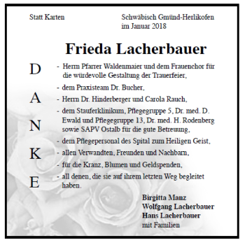 Todesanzeige von Frieda Lacherbauer von TRAUER.DE