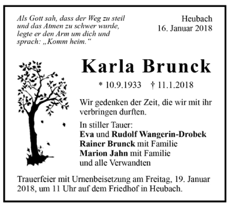  Traueranzeige für Karla Brunck vom 16.01.2018 aus Trauer.de