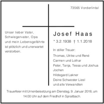 Todesanzeige von Josef Haas 