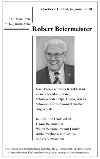 Todesanzeige von Robert Beiermeister von Trauer.de