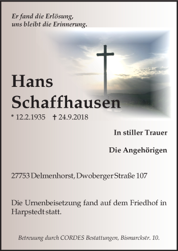 Todesanzeige von Hans Schaffhausen von trauer.de