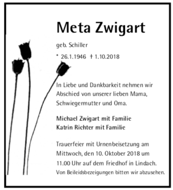 Todesanzeige von Meta Zwigart von trauer.de
