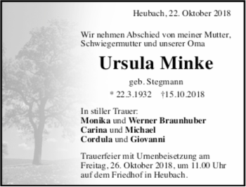 Todesanzeige von Ursula MInke von Trauer.de