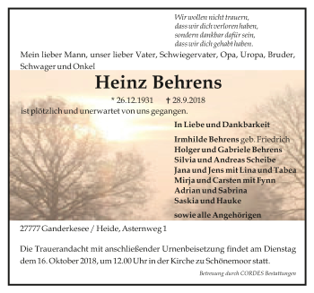 Todesanzeige von Heinz  Behrens von Trauer.de