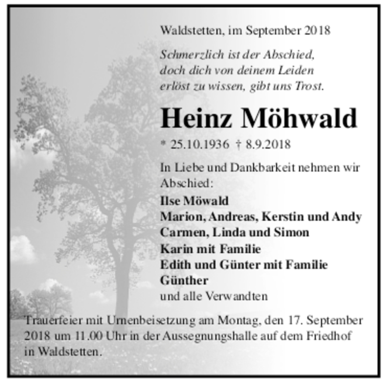  Traueranzeige für Heinz Möhwald vom 10.09.2018 aus trauer.de