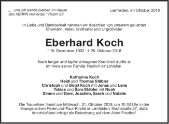 Todesanzeige von Eberhard Koch von trauer.de