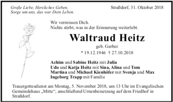 Todesanzeige von Waltraud Heitz von Trauer.de