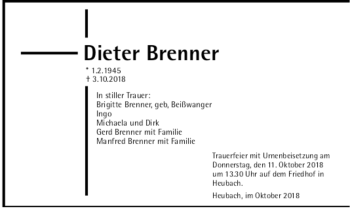 Todesanzeige von Dieter Brenner von Trauer.de