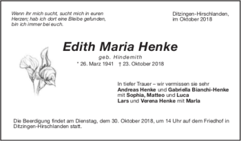 Todesanzeige von Edith Maria Henke von trauer.de