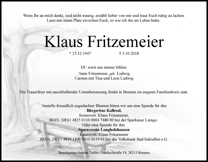  Traueranzeige für Klaus Fritzemeier vom 11.10.2018 aus Trauer.de