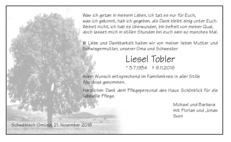  Traueranzeige für Liesel Tobler vom 21.11.2018 aus trauer.de