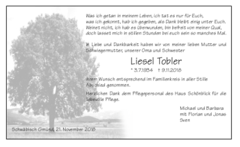 Todesanzeige von Liesel Tobler von trauer.de