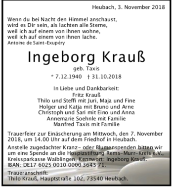 Todesanzeige von Ingeborg Krauß von Trauer.de