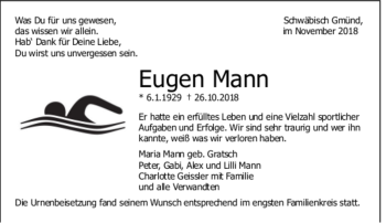 Todesanzeige von Eugen Mann von trauer.de