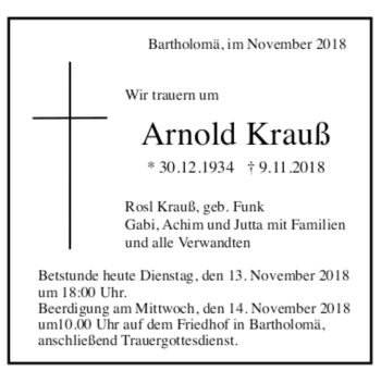 Todesanzeige von Arnold Krauß von trauer.de