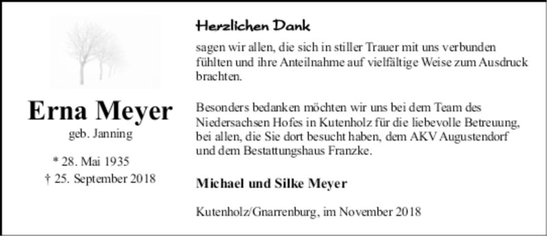  Traueranzeige für Erna Meyer vom 10.11.2018 aus trauer.de