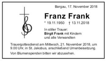 Todesanzeige von Franz Frank von trauer.de
