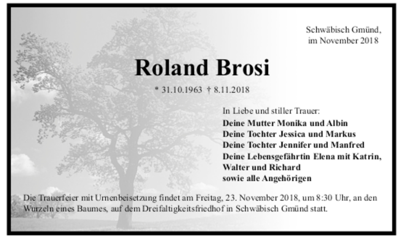  Traueranzeige für Roland Brosi vom 19.11.2018 aus trauer.de