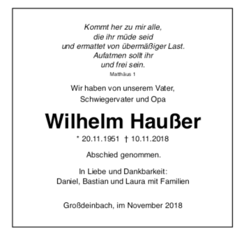 Todesanzeige von Wilhelm Haußer von trauer.de