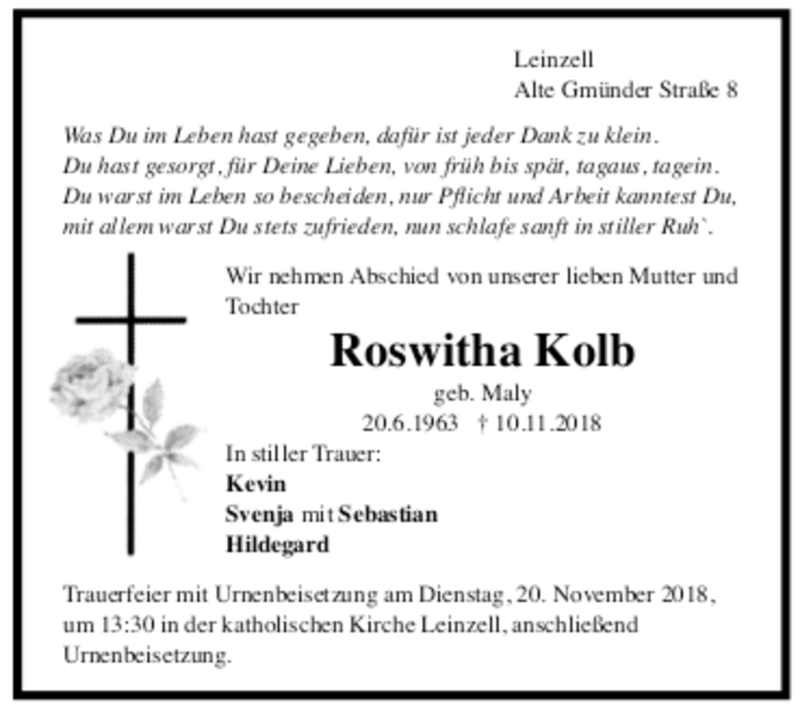  Traueranzeige für Roswitha Kolb vom 17.11.2018 aus trauer.de