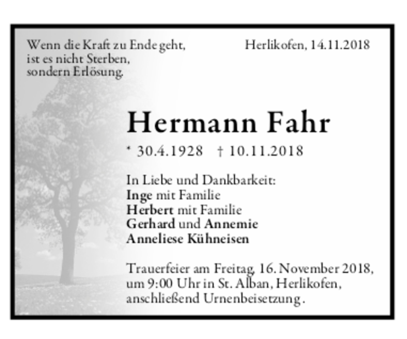  Traueranzeige für Hermann Fahr vom 14.11.2018 aus trauer.de