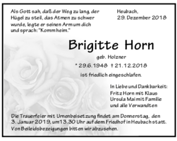 Todesanzeige von Brigitte Horn von trauer.de
