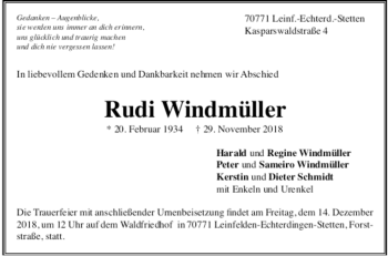 Todesanzeige von Rudi Windmüller von trauer.de