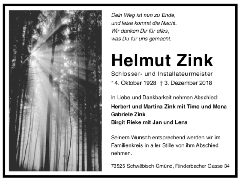  Traueranzeige für Helmut Zink vom 07.12.2018 aus trauer.de