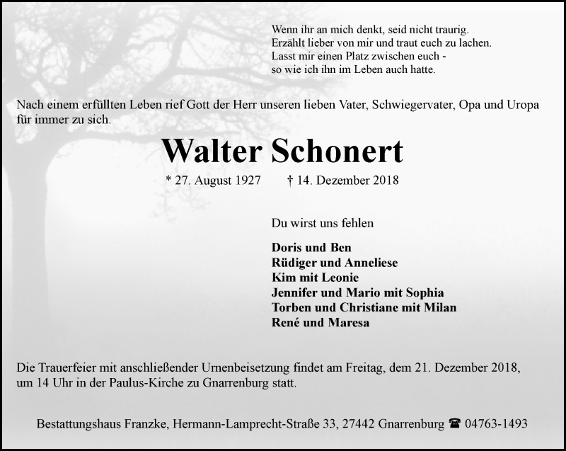 Traueranzeige für Walter Schonert vom 18.12.2018 aus trauer.de