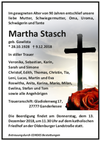 Todesanzeige von Martha Stasch von trauer.de