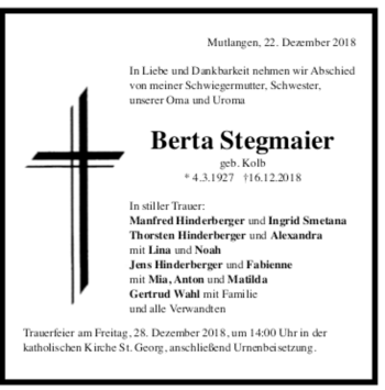 Todesanzeige von Berta Stegmaier von trauer.de