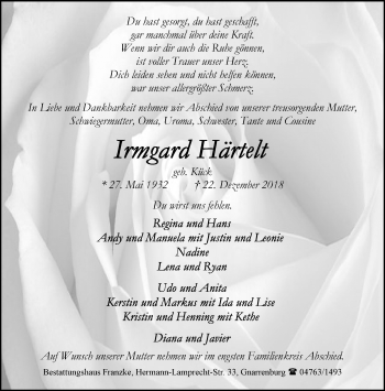 Todesanzeige von Irmgard Härtelt von Trauer.de