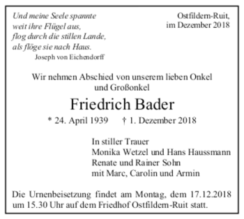 Todesanzeige von Friedrich Bader von trauer.de