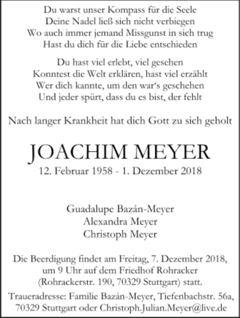 Todesanzeige von Joachim Meyer von trauer.de