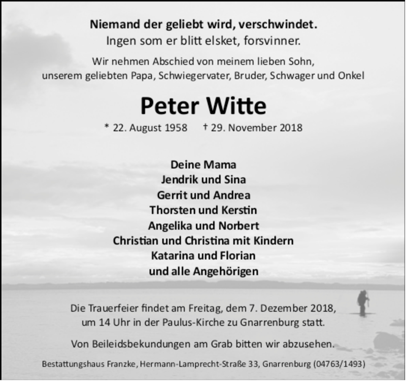  Traueranzeige für Peter Witte vom 04.12.2018 aus trauer.de