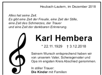 Todesanzeige von Karl Hembera von trauer.de