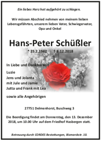 Todesanzeige von Hans-Peter Schüßler von trauer.de