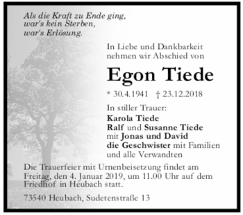 Todesanzeige von Egon Tiede von trauer.de