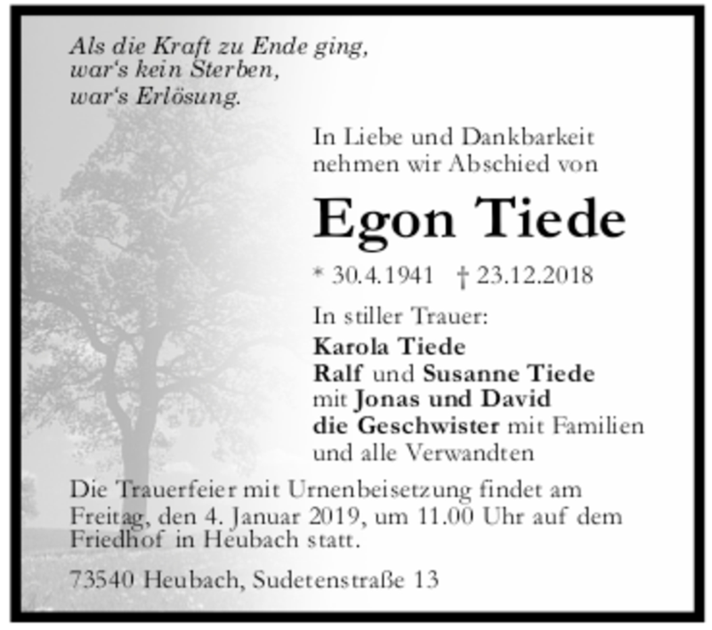  Traueranzeige für Egon Tiede vom 29.12.2018 aus trauer.de