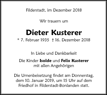 Todesanzeige von Dieter Kusterer von trauer.de