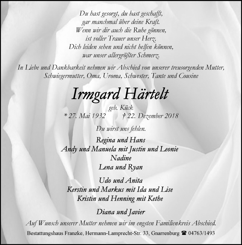  Traueranzeige für Irmgard Härtelt vom 28.12.2018 aus Trauer.de