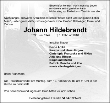 Todesanzeige von Johann Hildebrandt von Trauer.de