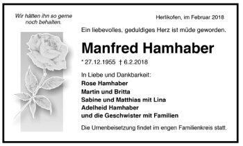 Todesanzeige von Manfred Hamhaber von Trauer.de