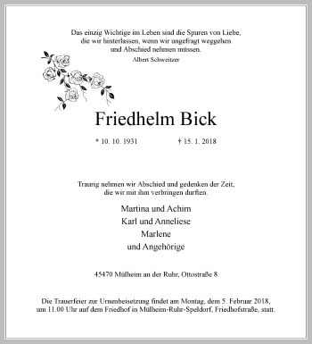 Todesanzeige von Friedhelm Bick 